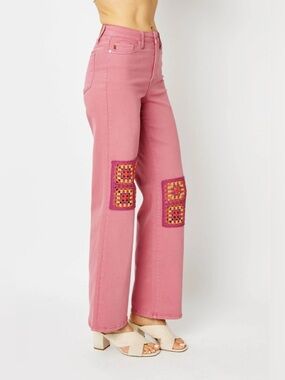 Judy Blue High Waist Dusty Pink Crochet Wide Leg Jeans 7/28 NWT